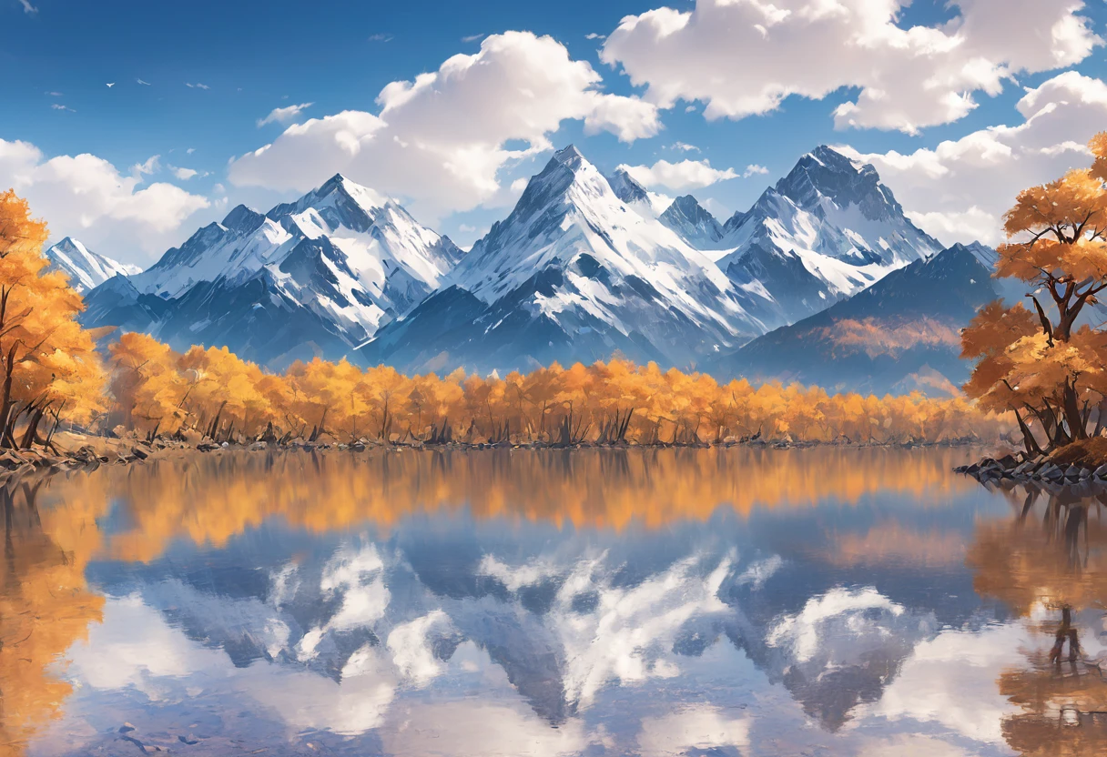 white background, landscape, paint, mountains, water, trees, vector art, offcenter, offset