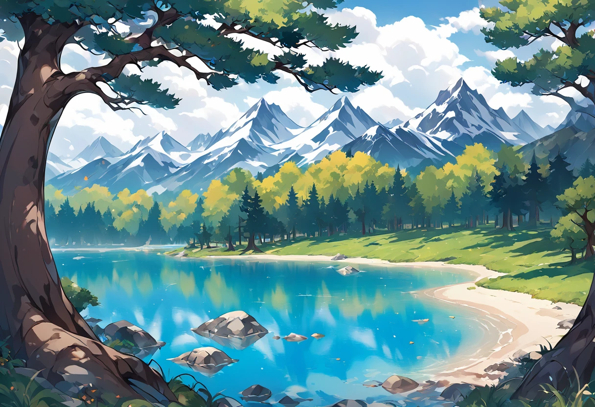 white background, landscape, paint, mountains, water, trees, vector art, offcenter, offset