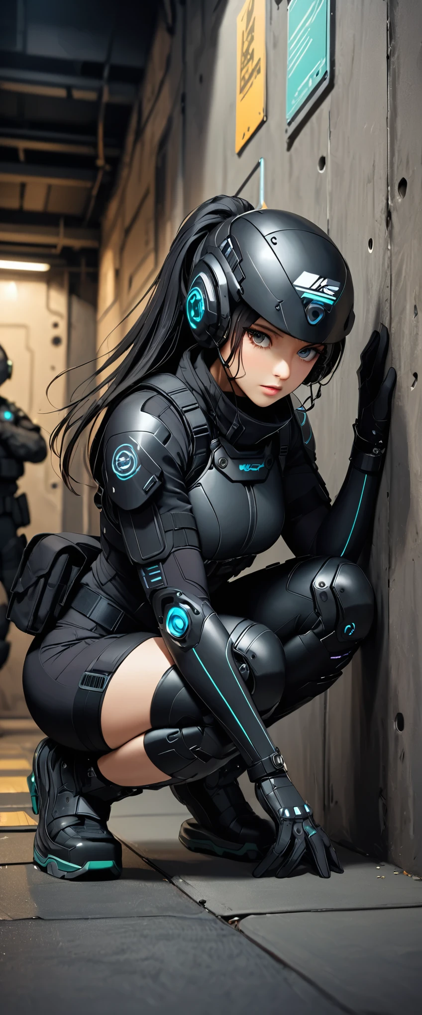 (masterpiece:1.2,Highest quality,Highest quality,Very detailed:1.2),8k,wallpaper,(One Woman),(Future female SWAT team members),(Crouch and hide near a wall to avoid being spotted by enemies.:1.6),((profound)),(Extremely form fitting black tactical body armor),(Tactical Headset),(Tactical Gloves),(Tactical Helmet),break(ponytail),(Black Hair),(Beautiful Face),(Beautiful Eyes),(Beautiful Eyes),(Very detailedな顔),(Very detailedな女性のhand),(Muscular),(Beautiful body),(The background is a criminal hideout:1.6),(cyber punk:1.6),(((hand,detailed,perfection,perfectionion,hand))),(Beautiful female hand),(正確なhand描き),break(Written boundary depth,Low contrast,Sharp focus)