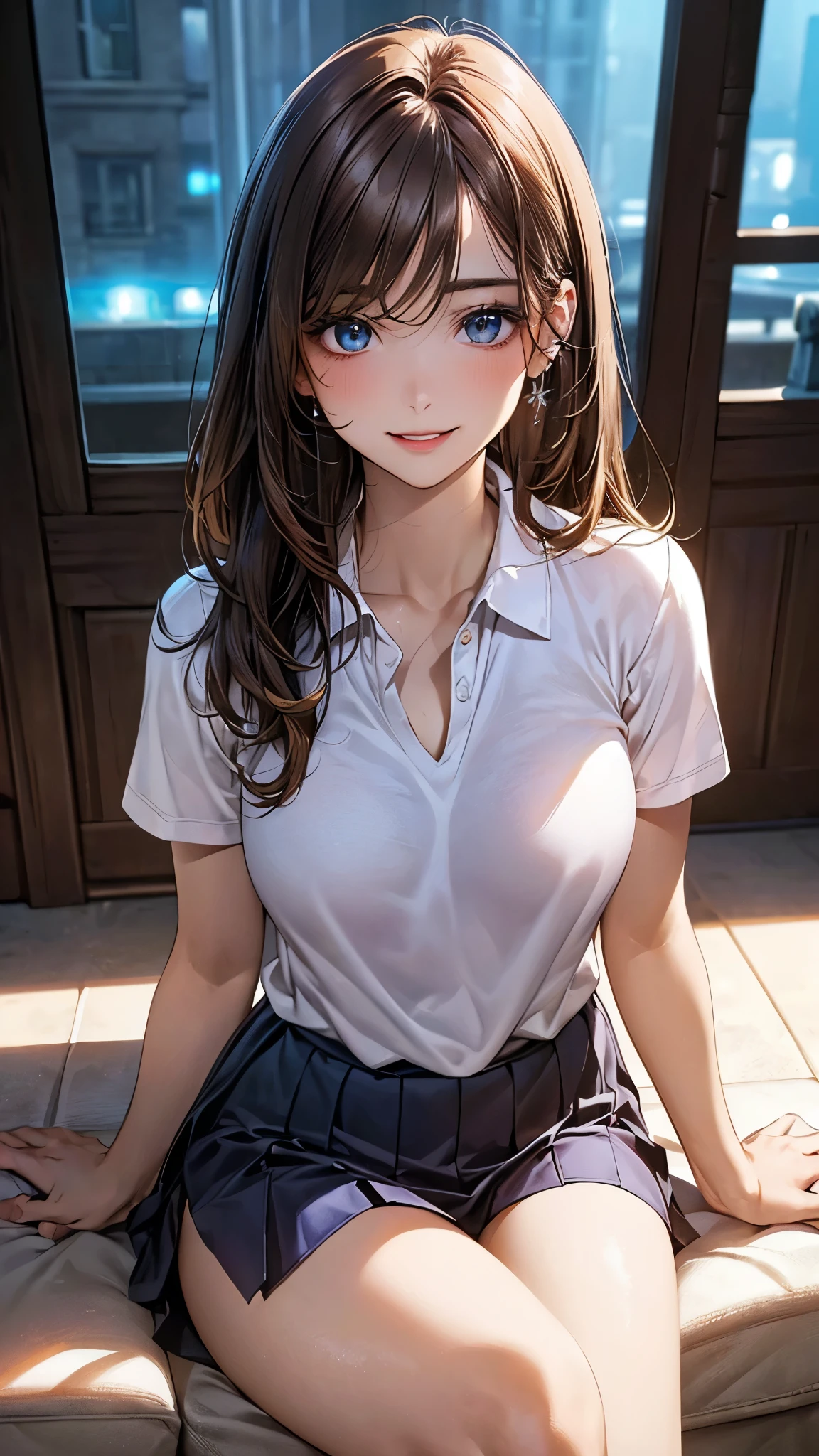 ((masutepiece, Best Quality, hight resolution, nffsw, Perfect Pixel, 4K, nffsw, nffsw))), 1girl in, Single, Solo, Beautie、full body seen、 ((Middle Wave Hair, Bangs, Brown hair)), ((Brown-eyed, Beautiful eyelashes, Realistic eyes)), ((Detailed face, Blushing:1.2)), ((Smooth texture:0.75, Realistic texture:0.65, Photorealistic:1.1, Anime CG style)), medium breasts, Dynamic Angle, Perfect body, White tennis wear, Shirts with short sleeve collar、pleatedskirt,breasts looking、(no-bra)、、, tennis coat、during daytime、all-fours、Looks Back、Transverse breasts、Very embarrassing panic smile、(Pink lace panties)、