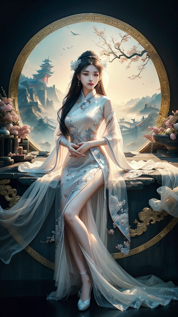 /I Chinese beauty, full body portrait, delicate face with beautiful eyes and high nose bridge, wearing white Hanfu, hands clasped in prayer, background is Chinese dragon palace, flowing tulle fabric, misty environment, fantasy style artwork, meticulous brushwork, exquisite details, and high definition quality,,in --ar 3:4