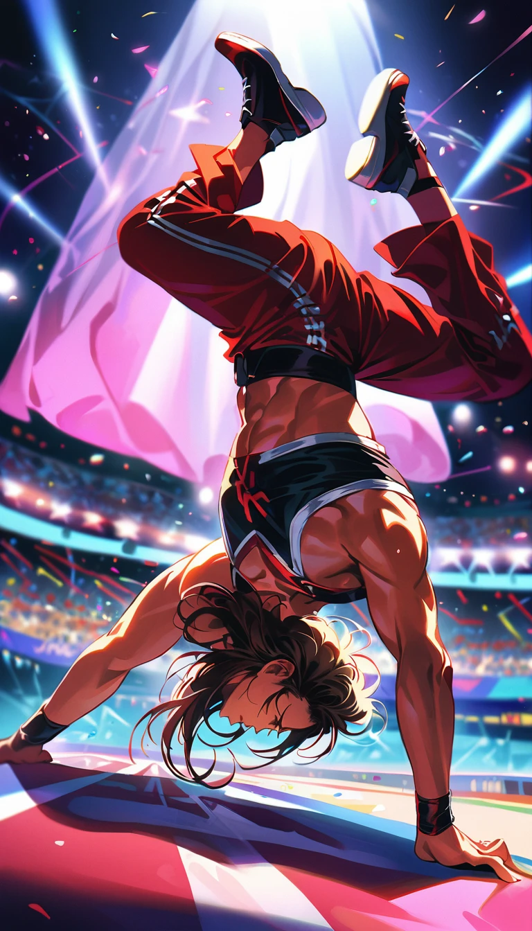 a breakdancer in an elaborate pose performing at the Olympics for the first time as a sport, highly detailed, masterful breakdance movements, He does turns on his head, stands on his hands, award-winning dancer, dynamic, powerful, energetic, vibrant colors, dramatic lighting, photorealistic, 8k, best quality