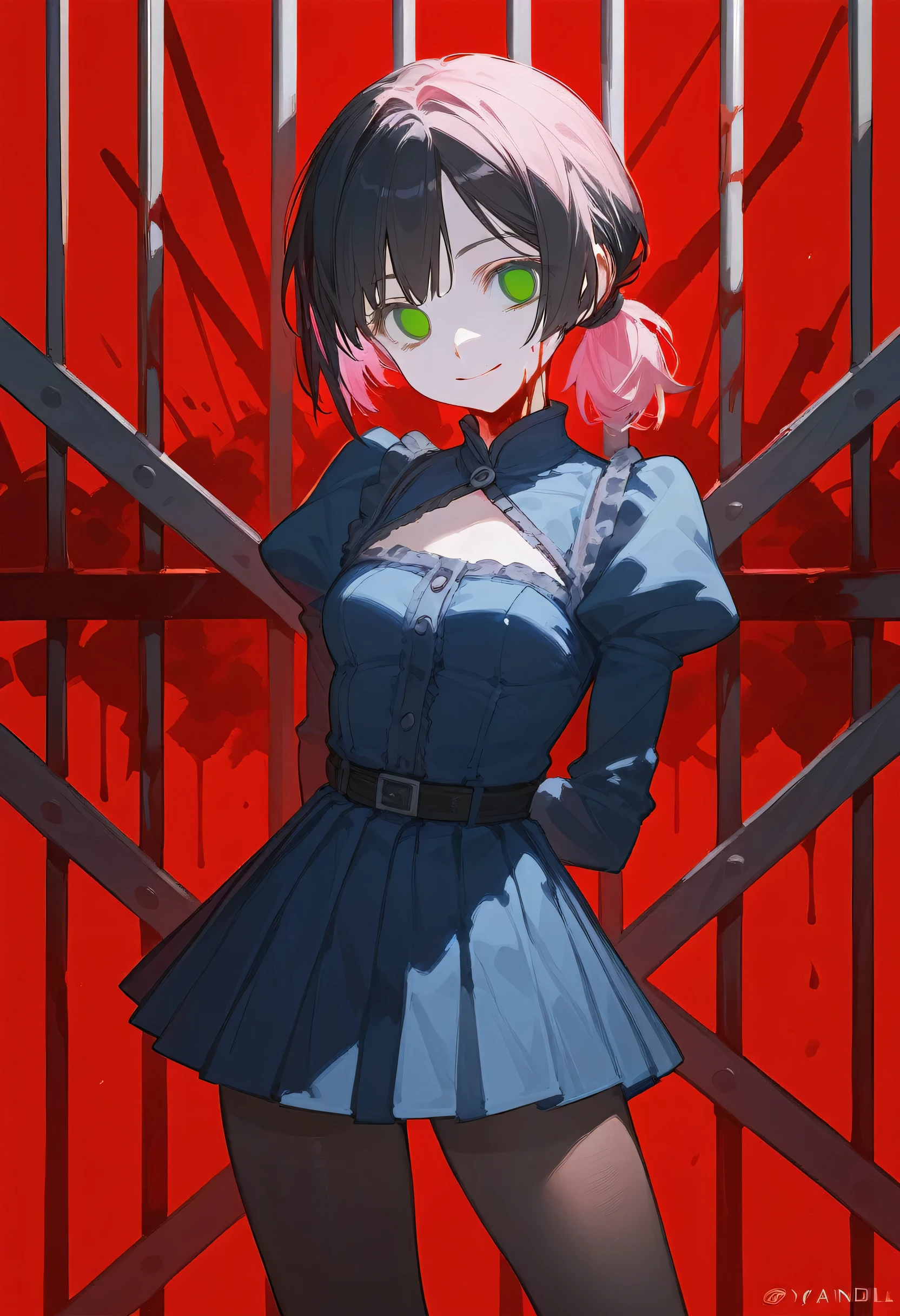 Masterpiece, best quality, 1 girl, , colorful hair, Yandel, big and small breasts, high legs raised, bloodstains, short hair, skirt, pleated skirt, smile, username, smile, small breasts, pink hair, smile, looking at the audience, blue dress, black tight fitting clothes, green eyes, blood, black hair, pantyhose, blood on weapons, empty eyes, {double ponytail hair}, eternity, character name, smiling eyes, red background, pink blood, hands behind, long hair, prison background, ta, hands behind the back
