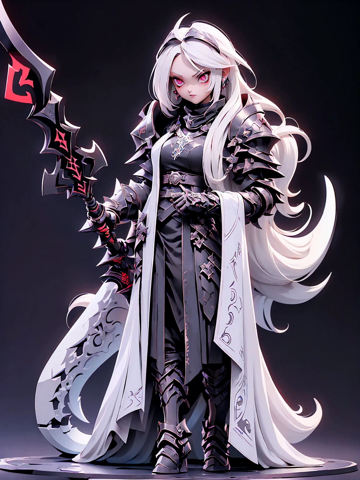 (((Masterpiece, best quality, 16k))) female character with long white hair and piercing red eyes. She wears a demonic armor in purple, black, and white. wields a large, stylized scythe. The character has a menacing expression, with a chaotic environment as the background. ((full body front view)). ((slender)), (extremely detailed:1.5), (long white hair:1.2), (piercing red eyes:1.2), (chaotic environment:1.1), (demonic armor:1.3), (stylized scythe:1.3).