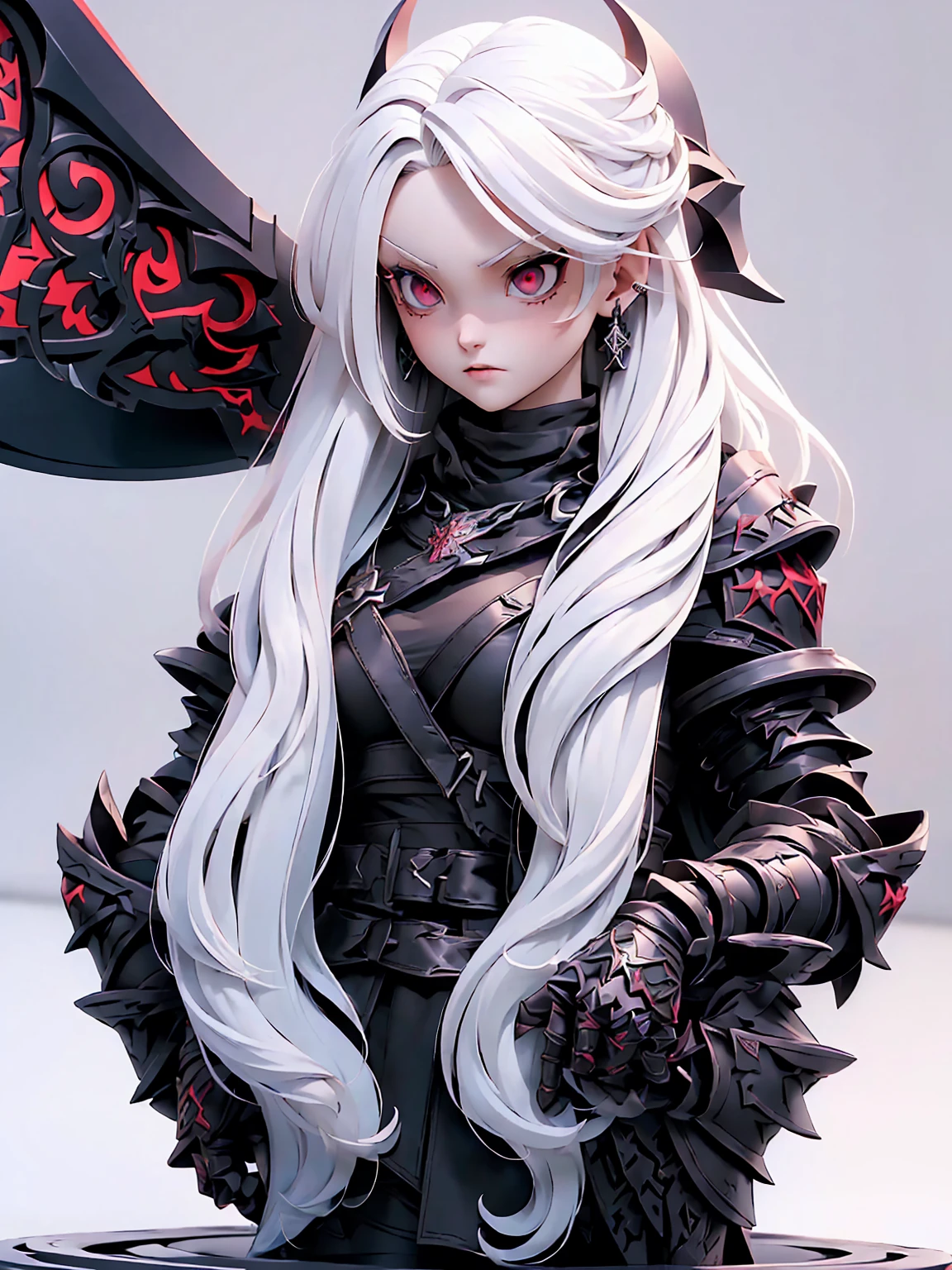 (((Masterpiece, best quality, 16k))) female character with long white hair and piercing red eyes. She wears a demonic armor in purple, black, and white. wields a large, stylized scythe. The character has a menacing expression, with a chaotic environment as the background. ((full body front view)). ((slender)), (extremely detailed:1.5), (long white hair:1.2), (piercing red eyes:1.2), (chaotic environment:1.1), (demonic armor:1.3), (stylized scythe:1.3).
