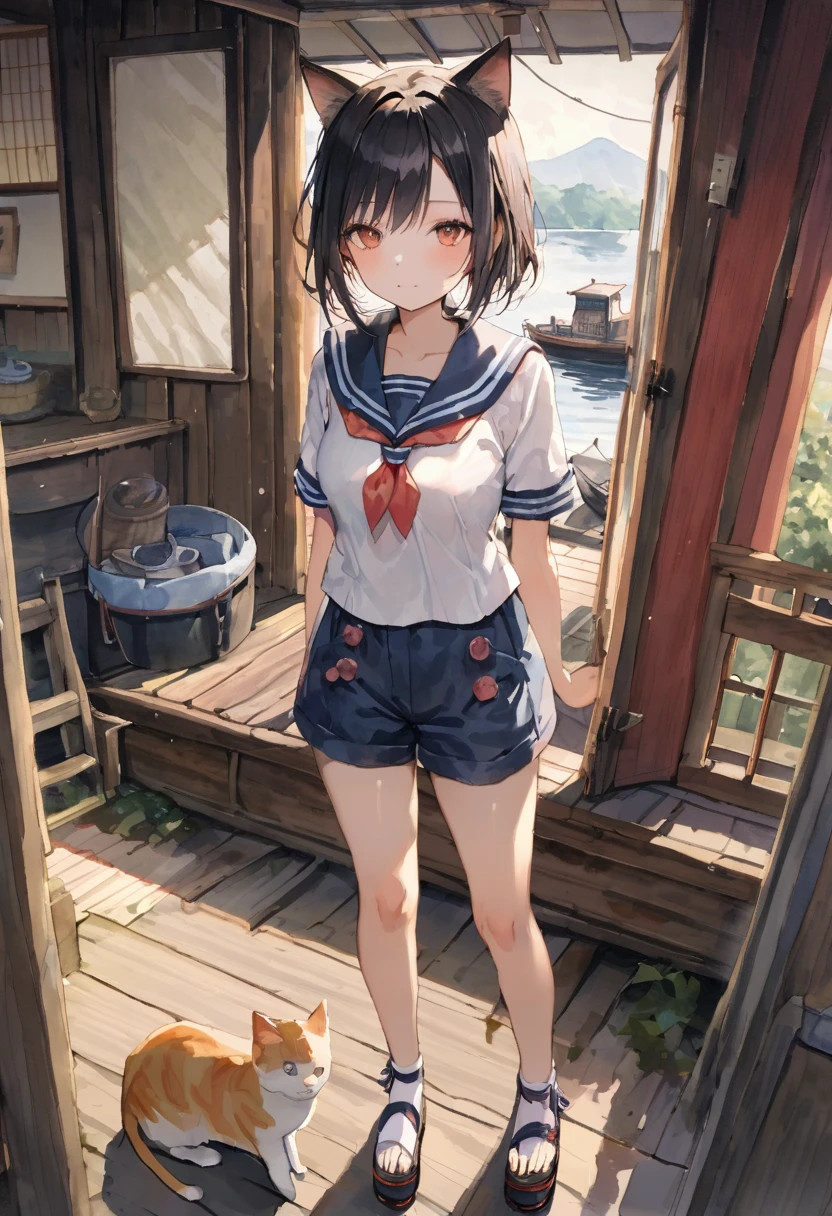 masterpiece, best quality,A girl standing in a japanese rural harbor(Funaya, Kyoto), cat ears,(Sailor outfit, shorts, sandals), old fishing boats, with cats,she is looking at the cat,magnificent view,(tween,detailed face,middle small breasts),(Watercolor:1.2),