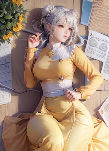 photorealistic, high resolution, masterpiec e best quality ultra-detailed, 1women. (m edium ), hair bun, jesmine flower o n the head, maturee, solo, hips up, (wearing acmmsayarma outfit, acmmsaya rma (yellow top ) with buttons, loneeves), ((acmmsayarma yellow long skirt)