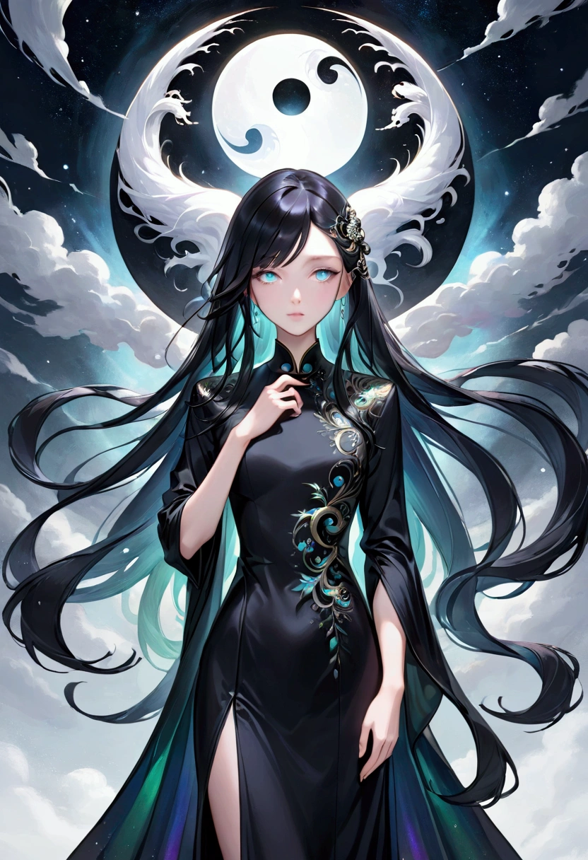 Long dark iridescent hair, Iridescent eyes, Tall Rectangular Body shape, elegant black dress, ying yang robes