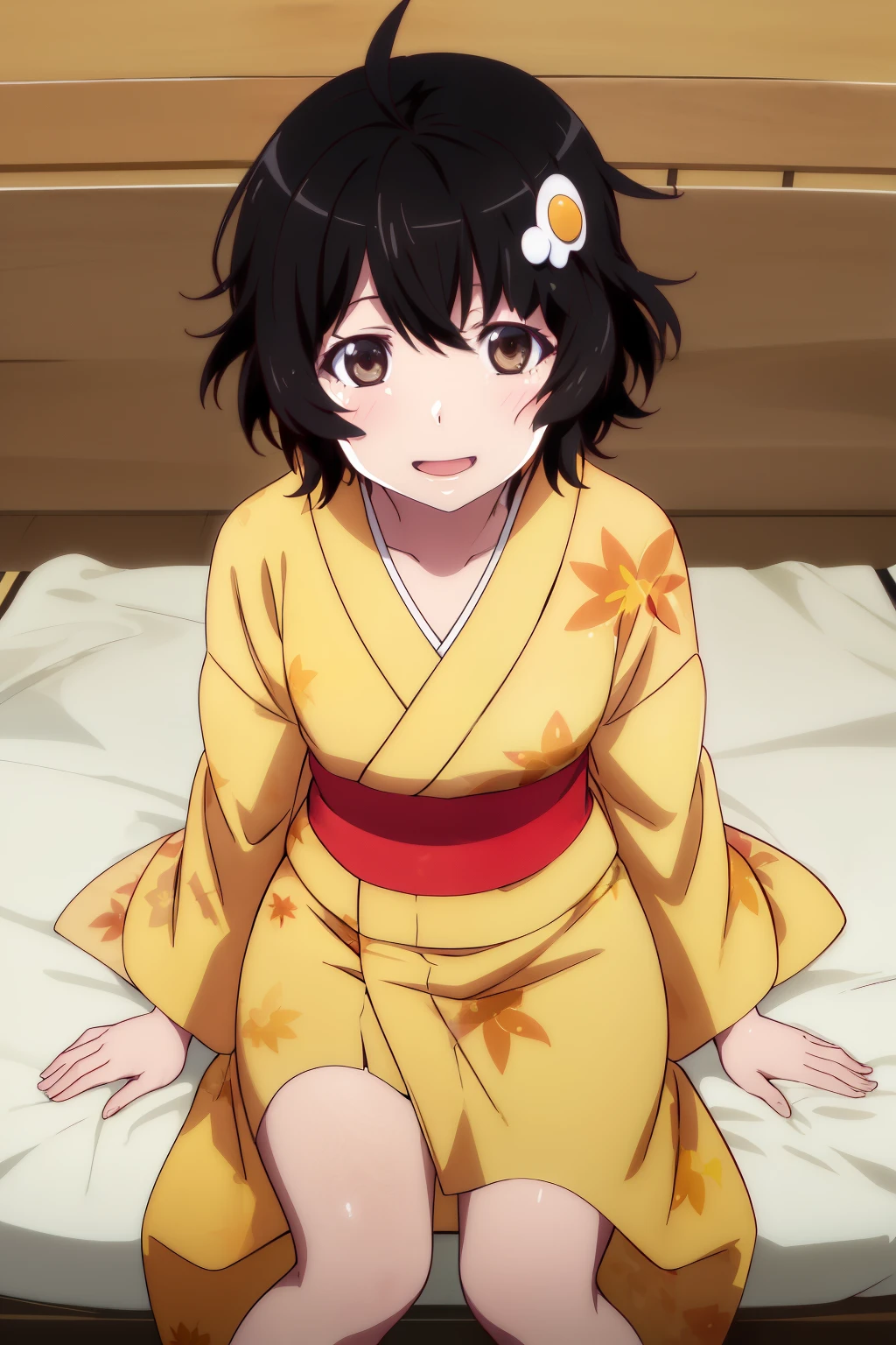 (masterpiece), (Highest quality), (High resolution), (Araragi Tsukihi),1 girl, brown eyes, short hair, Messy Hair,  Ahoge, egg hair ornaments, kimono, yellow kimono, Looking at the viewer,
smile, sitting, indoors
