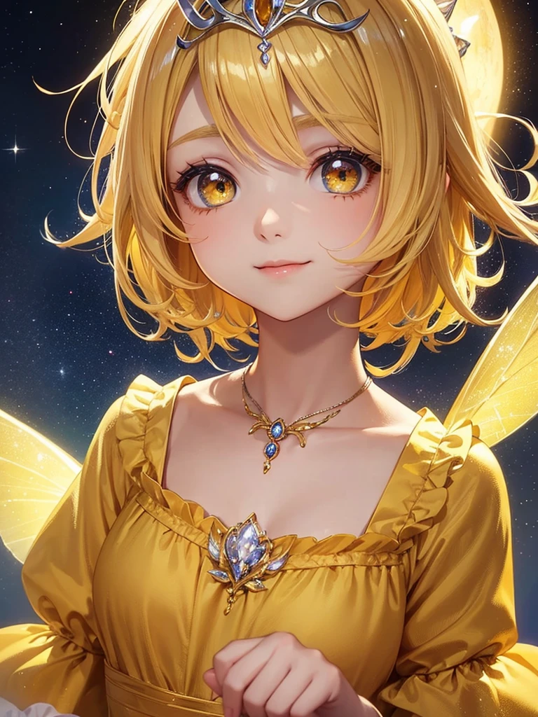 14 years old、beautiful girl、night、Fairy、Tiara on head、smile、Yellow Hair、Big eyes、月night、Close-up of face、Close-up of collarbone、Yellow Dress、