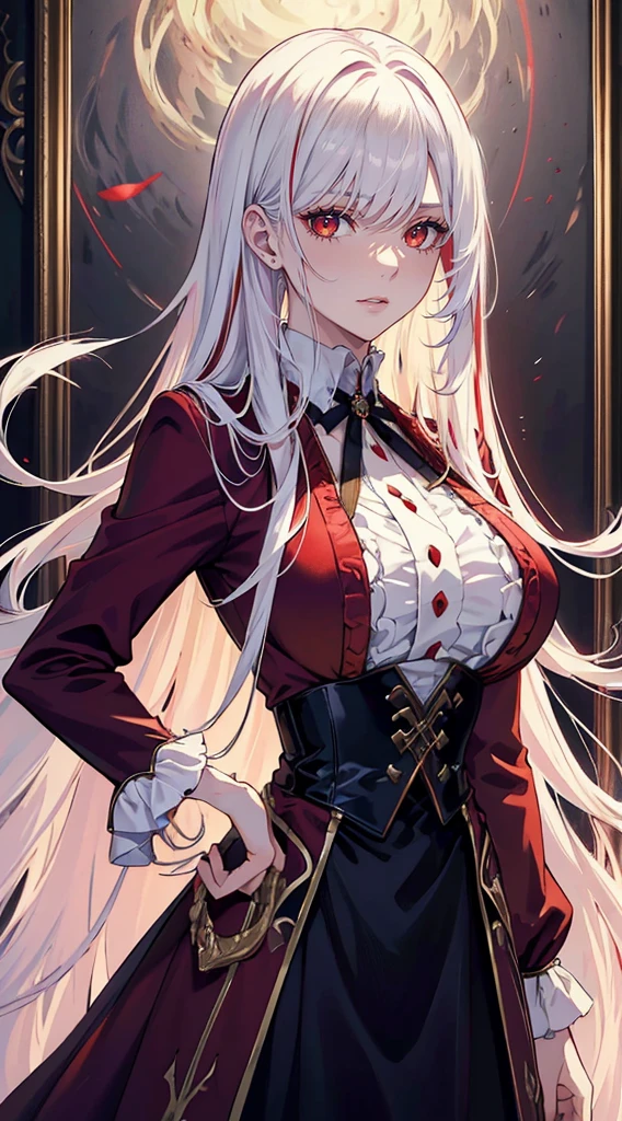 handsome girl，red-eyes，red pupils，Long white hair，Hyperresolution，accuracy，Detailed rendering，（Subtle facial image）（Image of fine hair）（topquality）（Masterpieces of masters）（High degree of completeness）（A sense of atmosphere）tmasterpiece，Super detailed and super detailed（half-body portrait）wearing a purple velvet dress