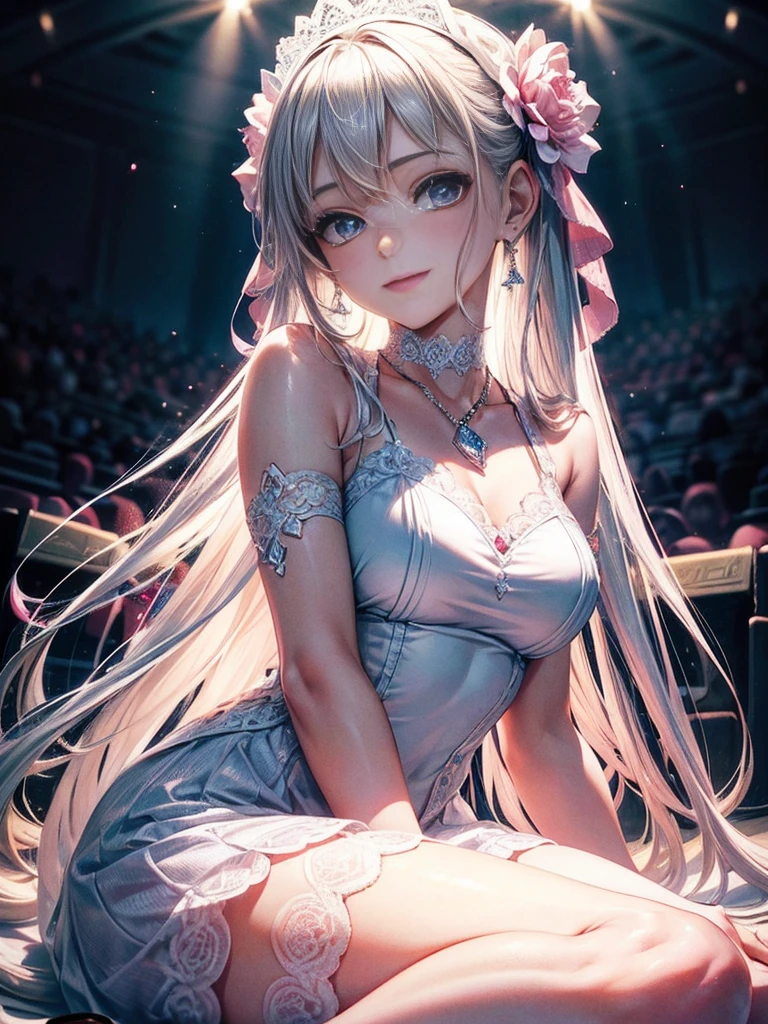 Dynamic Angle,((One girl, Elegant Pink Dresser Piece, Highest Resolution)), (Beautiful illustrations),(Beautiful medium-long silver hair),(Looking at the audience),An innocent smile,Cinema Lighting,White over-the-knee socks,Lace choker, Wristband, Diamond Necklace,Wristband, White fingerless gloves, Earrings,Day,blue sky,Beautiful Flower Park, A beautiful nose with a straight bridge