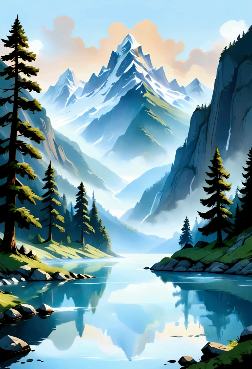 white background, landscape, paint, mountains, water, trees, vector art, offcenter, offset