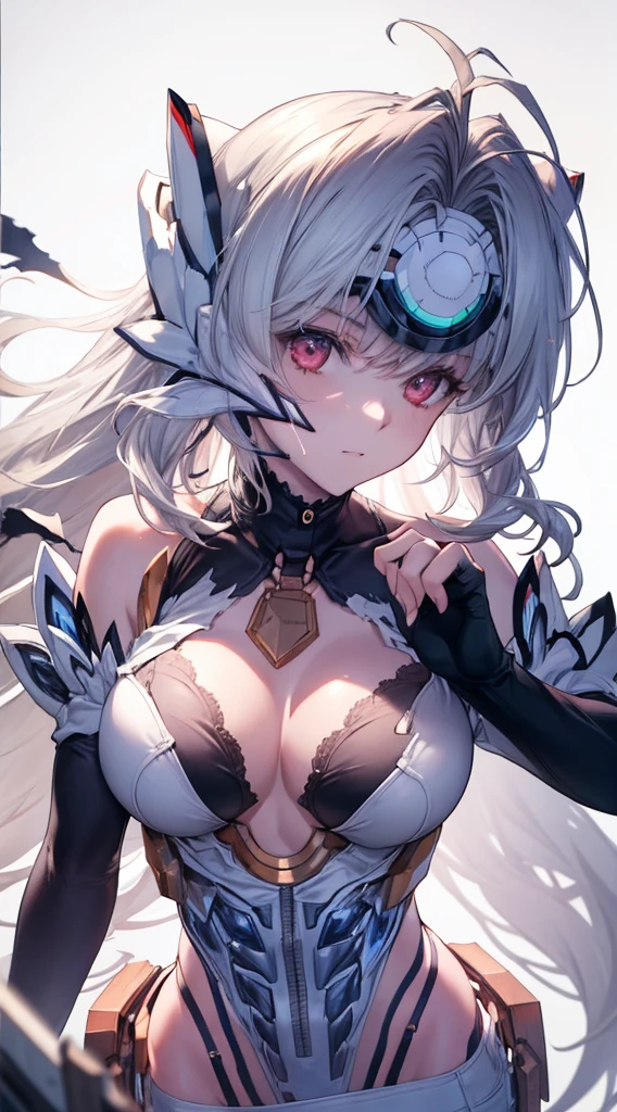 (((Masterpiece))), (portrait), diffused light, dynamic shadows, sharp focus, realistic, detailed, highres, absurdres, anatomically correct, seductive face, white background, torn clothes, looking to the side, black choker, belly button, medium ??????