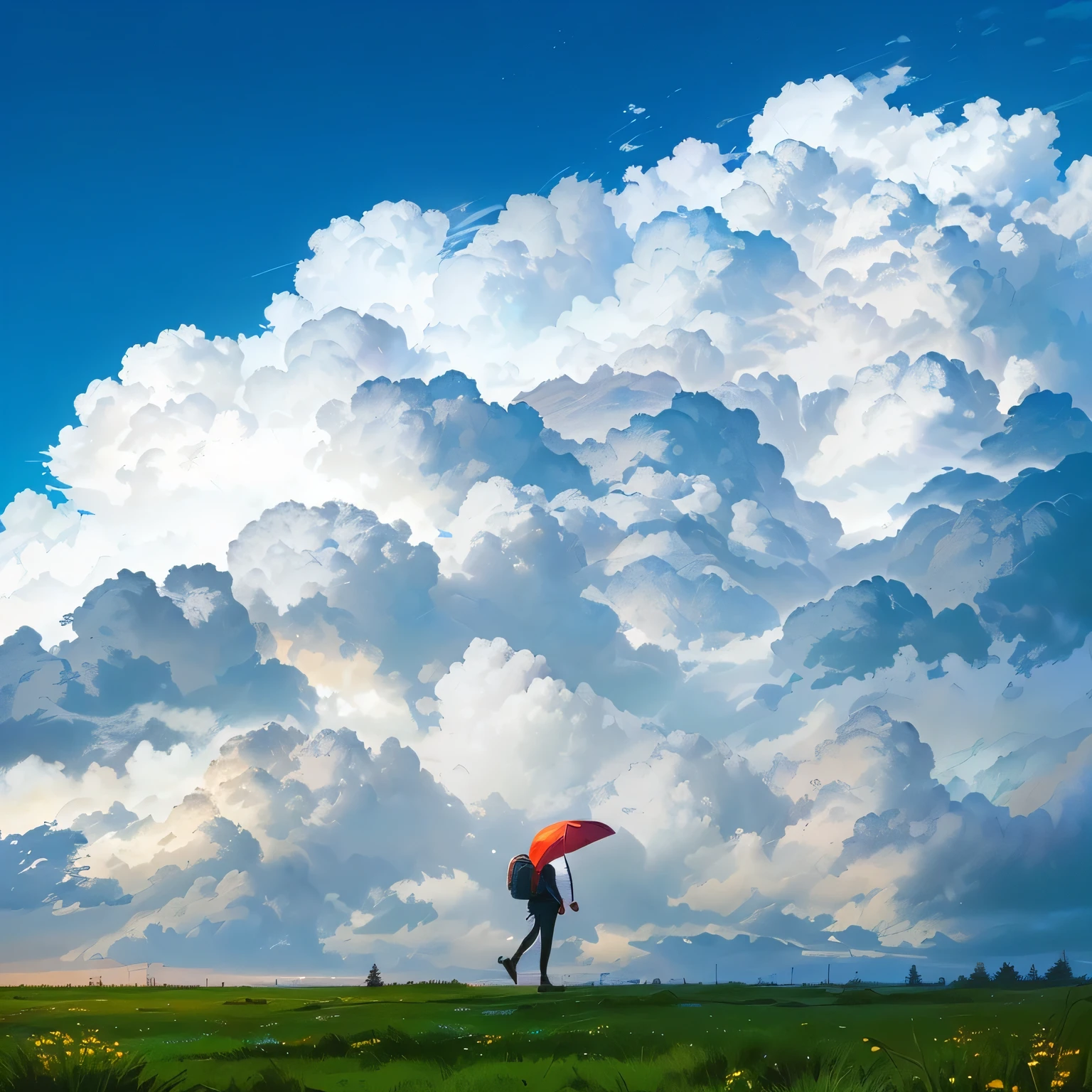 there is a woman walking down a dirt road with a backpack, anime style mixed with fujifilm, style of alena aenami, girl clouds, artistic. alena aenami, in style of makaoto shinkai, makoto shinkai cyril rolando, ilya kuvshinov landscape, in the distance, style of makoto shinkai