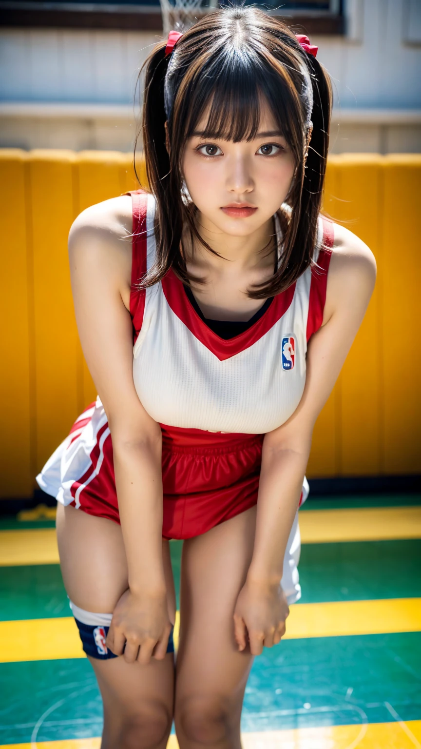 masterpiece, best quality, illustration, Super detailed, fine details, High resolution, 8K,wall paper, perfect dynamic composition,(Details High quality, realistic depiction of eyes:1.3), (highest quality), (High resolution), (very delicate and beautiful),(Beautiful 8K face), (NBA),(basketball sportswear),(play basketball),(reality), large breasts, ((gymnasium)), very short hair, black hair color, Big Natural Color Lip, bold sexy pose, crying a little、Harajuku style、20 year old girl、cute type、lolita, hposing Gravure Idol, full body photo、focus on crotch、thighs exposed