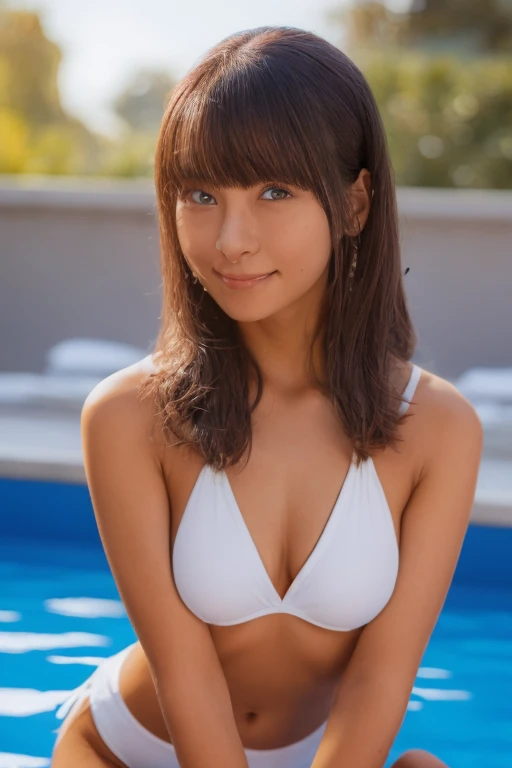 gorgeous woman, 1 girl, white bikini swimsuit:1.2, skinny, healthy, perfect body:1.2, abs:1.1, dark brown hair:1.1, rain wet, wet body:1.2, night pool room:1.6, ultra-detailed face, detailed lips, detailed eyes, double eyelids, pubic hair, black skin, trimmed bangs, shy smile, (best quality,8k,masterpiece:1.3)