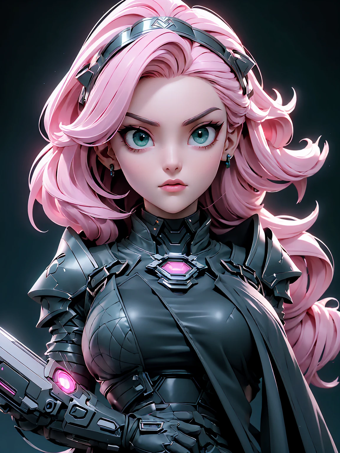 (((masterpiece, best quality, 16k)))A sleek and modern artwork of a cyberpunk female character in a high-tech, futuristic cityscape. The full-body view reveals her clad in black and silver clothes, featuring armored boots, a chestplate, and ornate shoulder pads. Her pink hair and green eyes add a vibrant contrast to her high-tech ensemble. She wields a laser gun and wears a tiara, combining elegance with cutting-edge technology. The background is a neon-lit cityscape with towering skyscrapers and bustling streets. Holographic advertisements flicker in the air, and flying vehicles zip by, creating a dynamic and futuristic atmosphere that highlights the character's sleek and modern design.