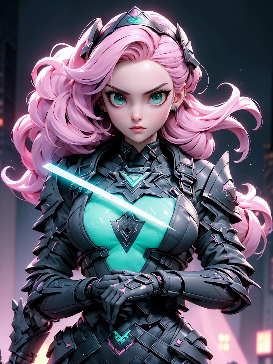 (((masterpiece, best quality, 16k)))A sleek and modern artwork of a cyberpunk female character in a high-tech, futuristic cityscape. The full-body view reveals her clad in black and silver clothes, featuring armored boots, a chestplate, and ornate shoulder pads. Her pink hair and green eyes add a vibrant contrast to her high-tech ensemble. She wields a laser gun and wears a tiara, combining elegance with cutting-edge technology. The background is a neon-lit cityscape with towering skyscrapers and bustling streets. Holographic advertisements flicker in the air, and flying vehicles zip by, creating a dynamic and futuristic atmosphere that highlights the character's sleek and modern design.