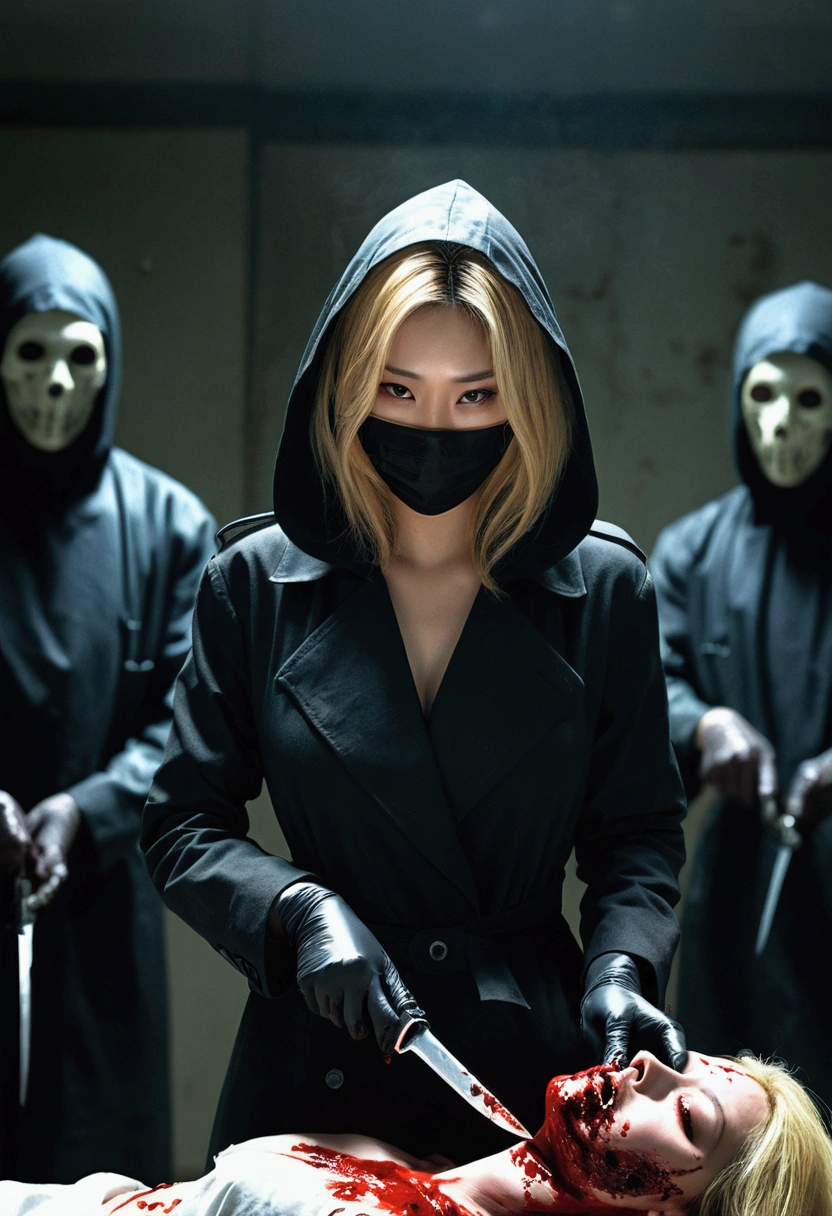 korean beautiful girl, (behind multiple corpse:1.3), (surgical mask), holding knife, stabbing, black gloves, blood splatter, room full of blood, black trench coat, woman on top, hood up, holding knife, black gloves, behind corpse, blonde hair, glamorous, night, mass murderer, robbery, dark atmosphere, cinematic lighting, atmospheric realistic,
