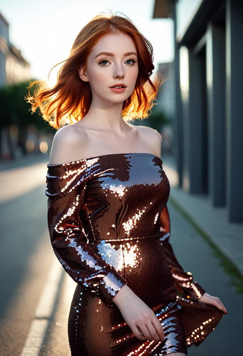 beautiful redhead girl,off shoulder paillette dress,cinematic lighting,perfect shading,dynamic angle,amazing composition,detailed