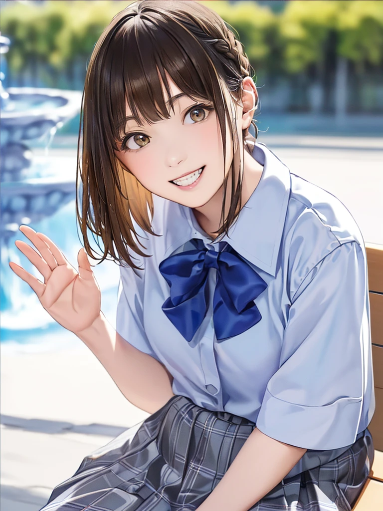 (Highest quality、8k、32K、masterpiece)、(Realistic)、(Realistic:1.2)、(High resolution)、Very detailed、Very beautiful face and eyes、(((Women's Solo Shot)))、Tight waist、(Highest quality、Attention to detail、Rich skin detail)、(Highest quality、8k、Oil paints:1.2)、(Realistic、Realistic:1.37)、Bright colors、(((Cowboy Shot)))、(((Bob Hair)))、(((Medium Hair)))、(((He has a happy face.)))、((smile))、(((Brown Hair)))、((Collared short-sleeved shirt, White shirt, , Grey plaid pleated skirt, Blue checked bow tie), )、(((Park during the day)))、(((Waving both hands)))、(((There is a fountain)))、(((Sit on a bench)))、(((Teeth are visible)))
