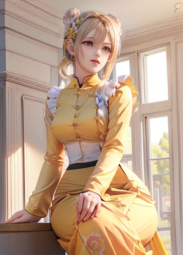 photorealistic, high resolution, masterpiec e best quality ultra-detailed, 1women. (m edium breast), hair bun, jesmine flower o n the head, mature female, solo, hips up, (wearing acmmsayarma outfit, acmmsaya rma (yellow top ) with buttons, long sleeves), ((acmmsayarma  yellow long skirt) 