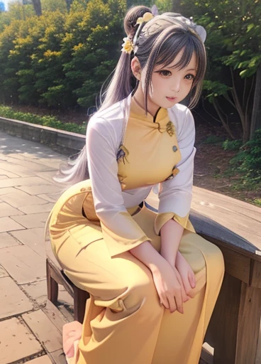 photorealistic, high resolution, masterpiec e best quality ultra-detailed, 1women. (m edium breast), hair bun, jesmine flower o n the head, mature female, solo, hips up, (wearing acmmsayarma outfit, acmmsaya rma (yellow top ) with buttons, long sleeves), ((acmmsayarma yellow long skirt)