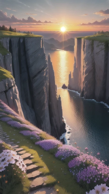 nature, Detailed lighting, Sea of Flowers, null, sunset, Wind, Fallen leaves, cliff,