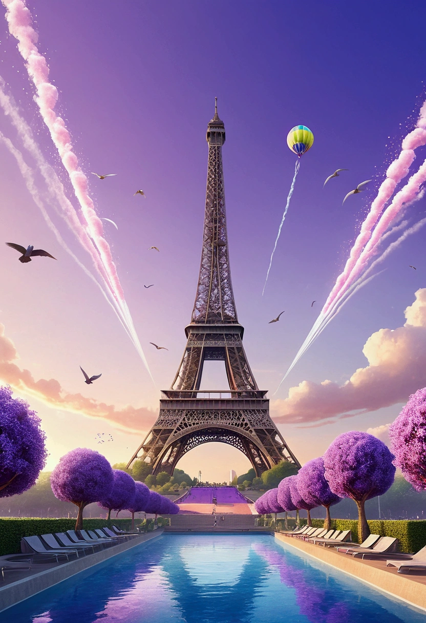 Smooth fantasy style, towering Eiffel Tower, purple stadium, fireworks, grand sports event, bright lights, bird 's-eye view, lavender like purple tone, purple track, water quality, splash, overhead, exaggerated composition, exaggerated perspective, wide Angle, majestic scene, cartoon style, bright colors, crisp lines, rendering, clear sky, HD, 8K