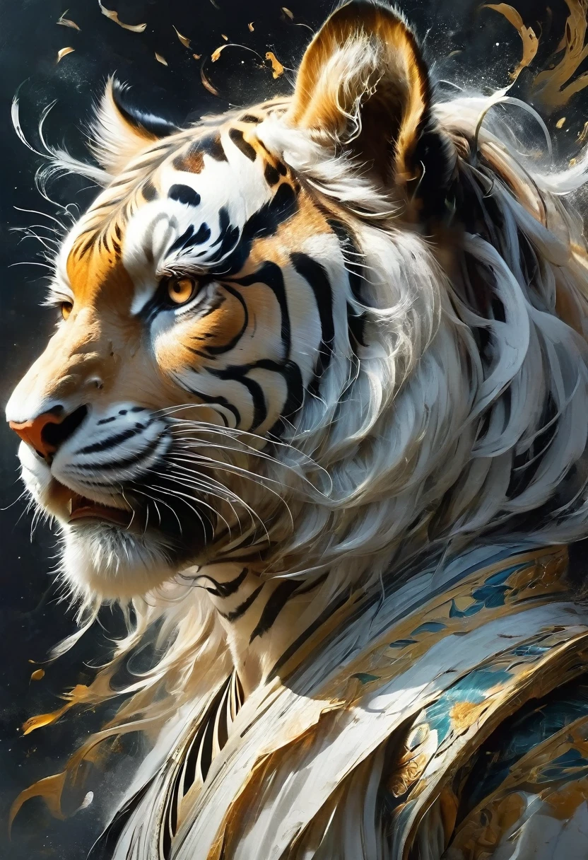 "Visualize an interpretation of a tiger head. To capture its movement and energy in a unique and abstract way. Integrate strong grey, light brown and white colors and sharp angles, to convey a feeling of movement and tension. Play with perspective and layering, to create a multidimensional composition, which questions traditional notions of space and form. Be inspired by the avant-garde spirit and see nature in a fresh and innovative light.. Unleash your creativity, as you bring this imaginative scene to life on the screen
