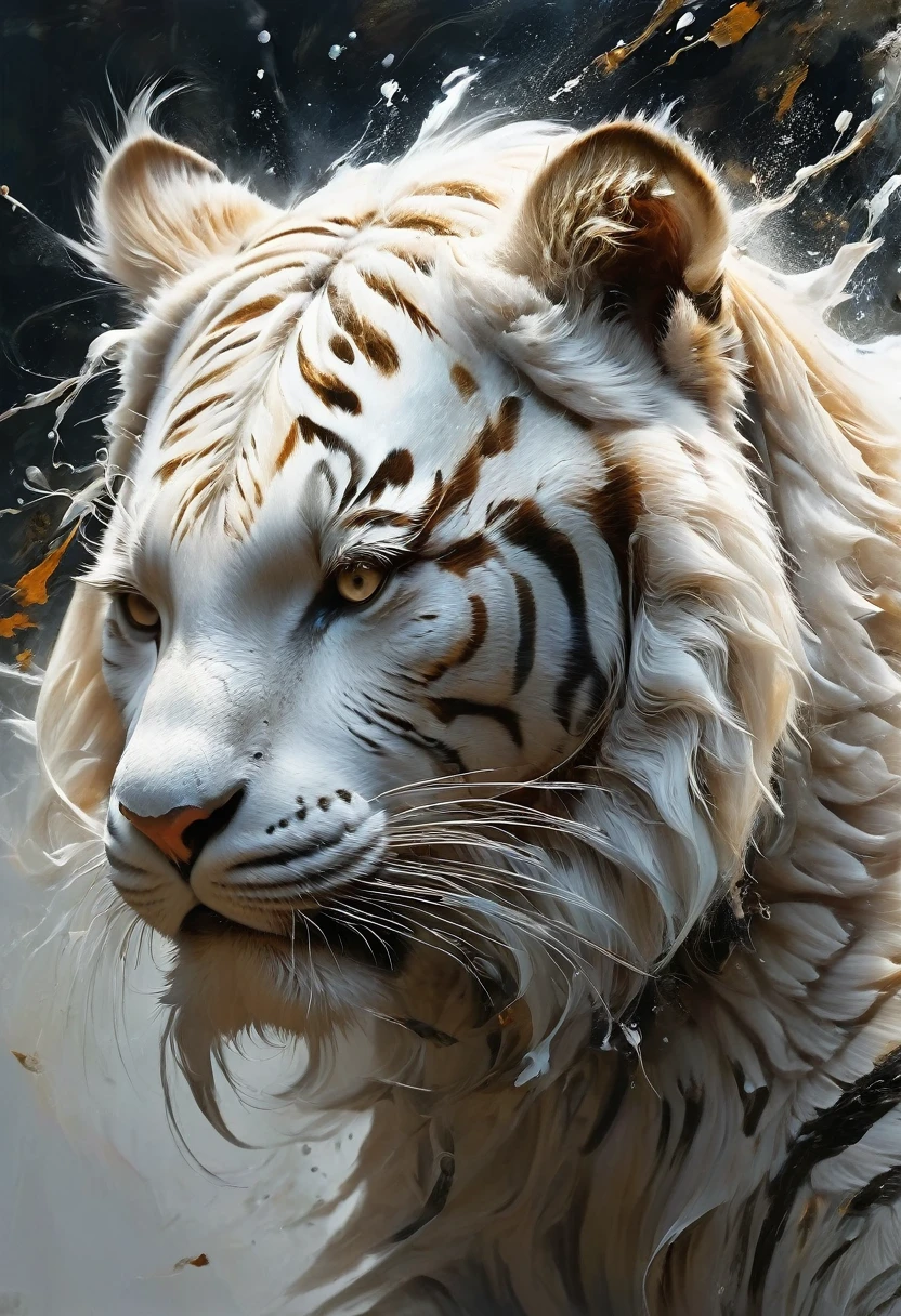 "Visualize an interpretation of a tiger head. To capture its movement and energy in a unique and abstract way. Integrate strong grey, light brown and white colors and sharp angles, to convey a feeling of movement and tension. Play with perspective and layering, to create a multidimensional composition, which questions traditional notions of space and form. Be inspired by the avant-garde spirit and see nature in a fresh and innovative light.. Unleash your creativity, as you bring this imaginative scene to life on the screen