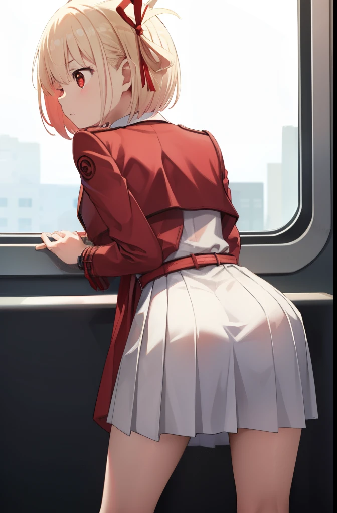 Thousands of miles of brocade, Chisato Nishiki, Short hair, bangs, Blonde hair, (Red eyes:1.5), Hair ribbon, one side up, Bob cut,
BREAK shirt, Long sleeves, dress, ribbon, White shirt, Collared shirt, belt, Neck ribbon, Red dress, Blue ribbon, Pleated dress, grey dress, Two-tone dresses, Red belt, Lycoris Uniform,BREAK,nsfw,1girl,solo only,blush embarrassed,in heat,closed eyes,standing,(open stance:1.4),(leaning forward:1.4),(lift skift by myself:1.4),bottomless,show pussy,forcus pussy,
BREAK ,on the train,cowboy shot,(from behind:1.4),looking side,
BREAK , (Masterpiece:1.2), Best quality, high resolution, Unity 8k wallpaper, (illustration:0.8), (Beautiful detailed eyes:1.6), Extremely detailed face, Perfect lighting, Extremely detailed CG, (Perfect hands, Perfect anatomy),