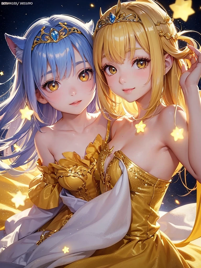 、beautiful girl、night、Fairy、Tiara on head、smile、Yellow Hair、Big eyes、月night、Close-up of face、Beautiful collarbone、Yellow Dress、Close-up of face、Cleavage