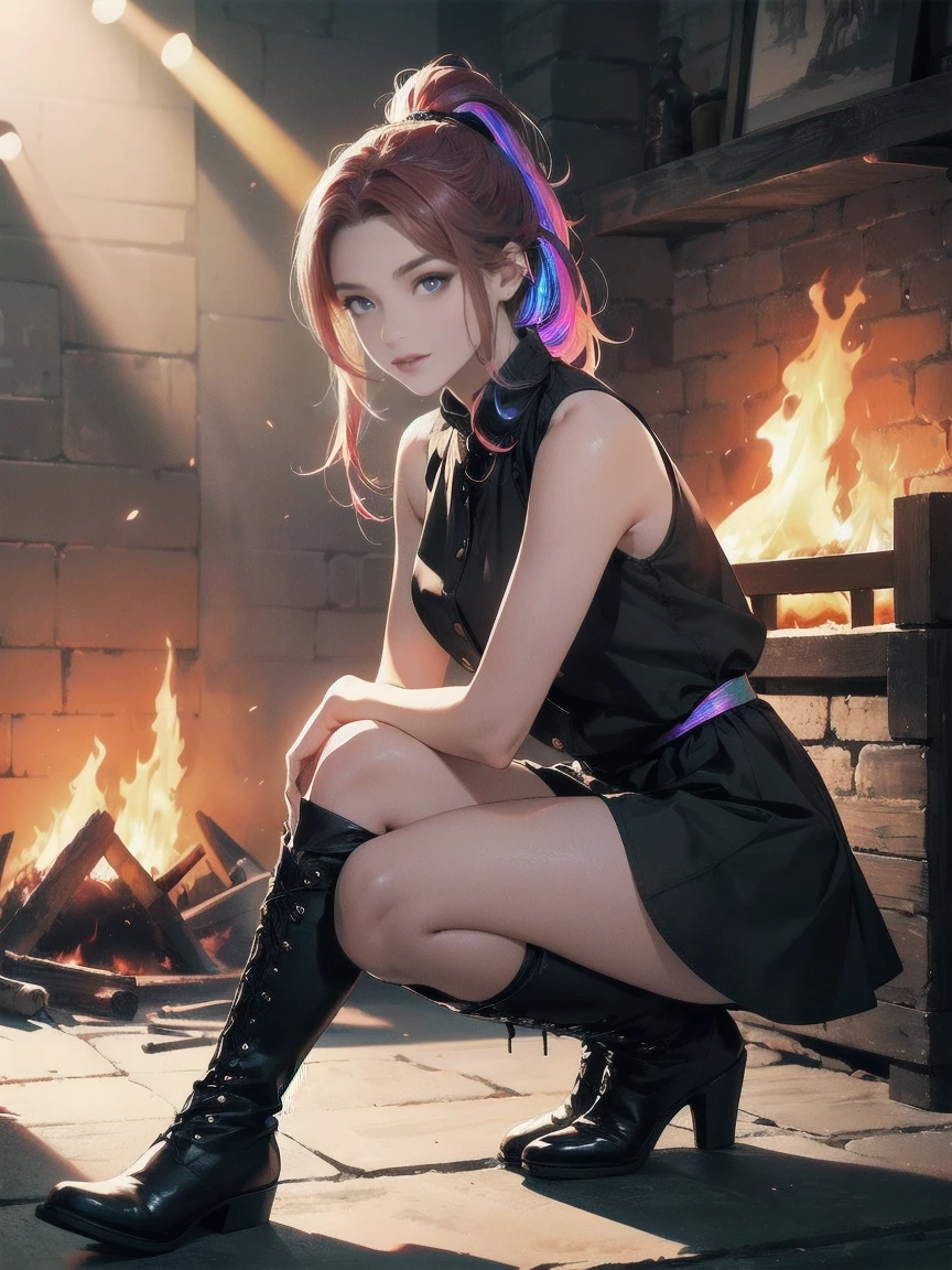 20 years old, long red hair, wears a ponytail, red eyes, always smiling. She dresses in an antique style, wearing a short brown skirt with black shorts underneath, ending above the knees. She wears knee-high brown boots. Her white blouse is sleeveless and features red details. She possesses fire powers and has a fire-themed background. 8k, high quality, full body, (ultra-realistic), {extremely detailed 8k CG unit wallpaper}, expansive landscape photograph, , (light: 2.0), (warm light source: 1.5), complex details, (iridescent colors: 1.5), (bright lighting), (atmospheric lighting), surreal, impressive, fantasy, (Solo: 1.2)