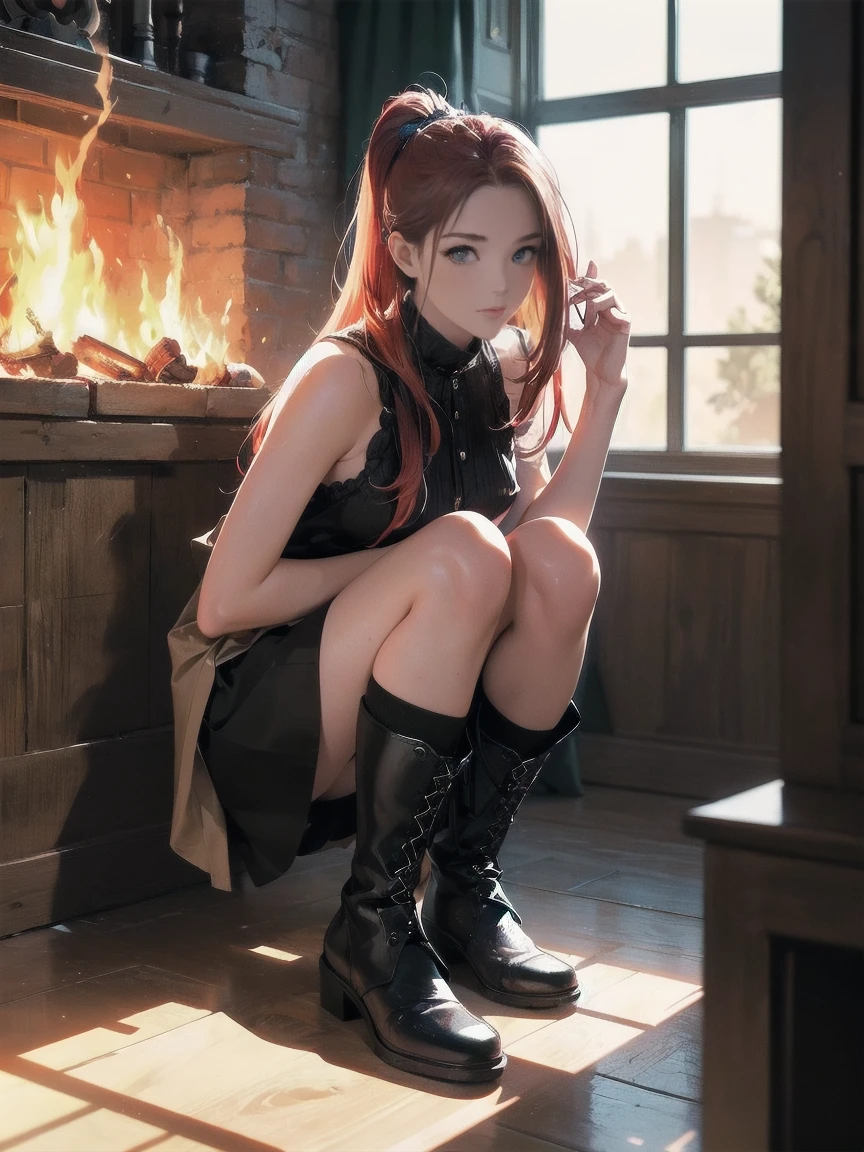 20 years old, long red hair, wears a ponytail, red eyes, always smiling. She dresses in an antique style, wearing a short brown skirt with black shorts underneath, ending above the knees. She wears knee-high brown boots. Her white blouse is sleeveless and features red details. She possesses fire powers and has a fire-themed background. 8k, high quality, full body, (ultra-realistic), {extremely detailed 8k CG unit wallpaper}, expansive landscape photograph, , (light: 2.0), (warm light source: 1.5), complex details, (iridescent colors: 1.5), (bright lighting), (atmospheric lighting), surreal, impressive, fantasy, (Solo: 1.2)