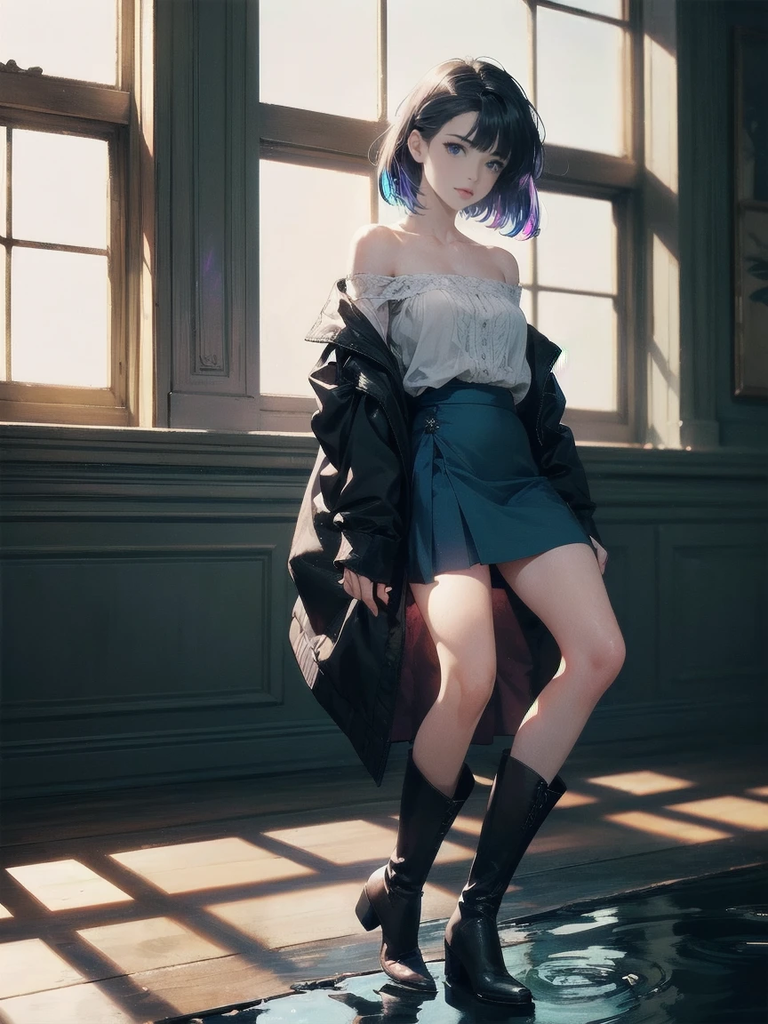 20 years old, with short dark blue hair to the shoulders, a serious yet tender expression, and bright light blue eyes. She dresses in an antique style, wearing a long dark blue skirt that reaches her knees, and small dark brown boots up to her ankles. Her white blouse is long-sleeved, covering her fingers slightly, and falls off one shoulder, leaving it exposed. She possesses water powers and has a water-themed background. 8k, high quality, full body, (ultra-realistic), {extremely detailed 8k CG unit wallpaper}, expansive landscape photograph, (light: 2.0), (warm light source: 1.5), complex details, (iridescent colors: 1.5), (bright lighting), (atmospheric lighting), surreal, impressive, fantasy, (Solo: 1.2)