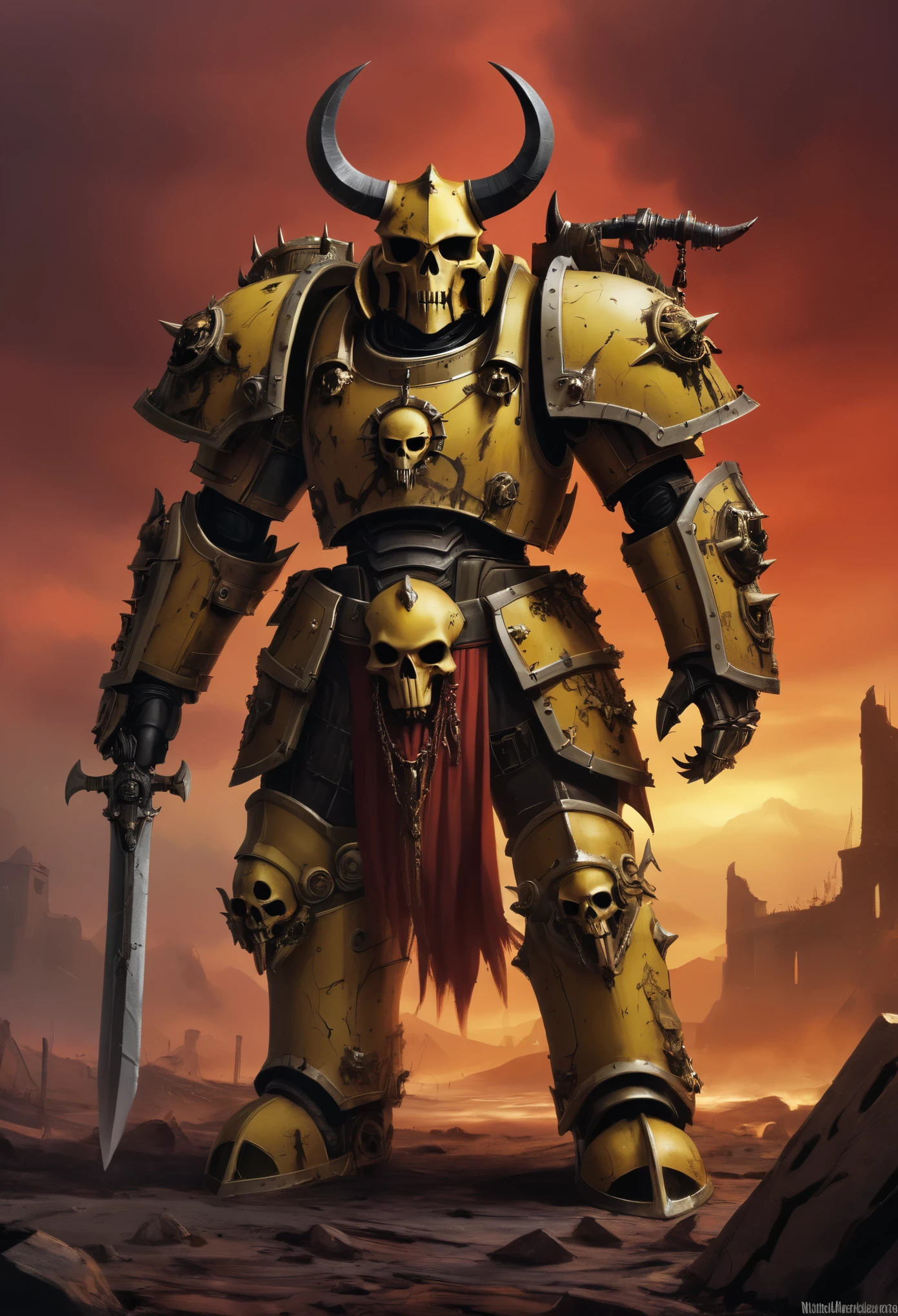 warhammer 40k, Human, clad in the grim armor of the Chaos Marines, yellow armor, horse skull helmet, horns, gloomy atmosphere, Red Sky, Ruin