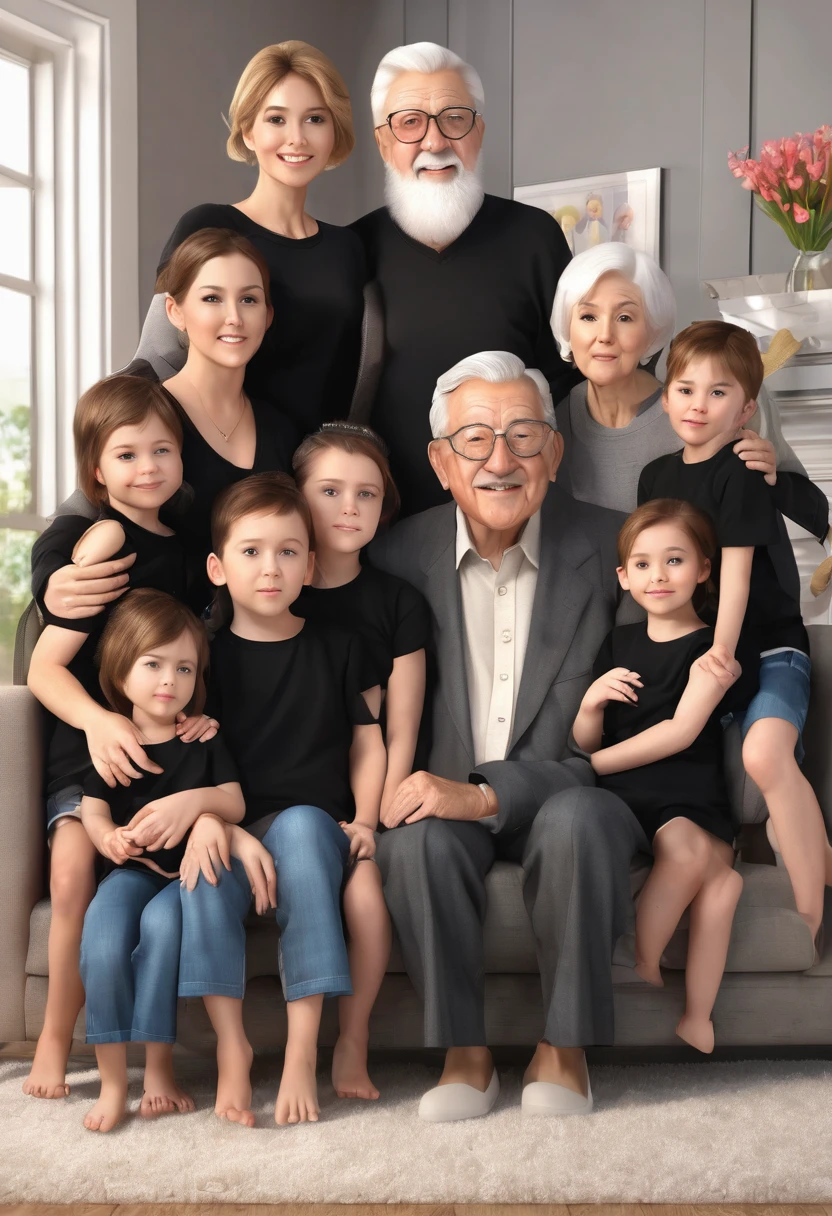 Stunning and conceptual 3D representation of a loving family starring grandfather and grandmother, sitting in your living room,  along with his 7 grandchildren and 3 children. The family is dressed casually in black shirts and pants, and the children dress comfortably. Behind them there is a box written "grandparent&#39;s Day". 3d rendering v.02