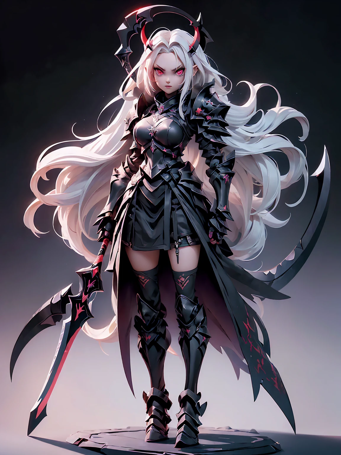 (((Masterpiece, best quality, 16k))) female character with long white hair and piercing red eyes. She wears a demonic armor in purple, black, and white. wields a large, stylized scythe. The character has a menacing expression, with a chaotic environment as the background. ((full body front view)). ((slender)), (extremely detailed:1.5), (long white hair:1.2), (piercing red eyes:1.2), (chaotic environment:1.1), (demonic armor:1.3), (stylized scythe:1.3).