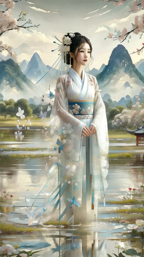 ((masterpiece)),((best quality)),8k,high detailed,ultra-detailed,intricate detail,xs-abstract,1girl, butterfly, solo, bug, hair ornament, black hair, mountain, east asian architecture, flower, architecture, pagoda, hanfu,
