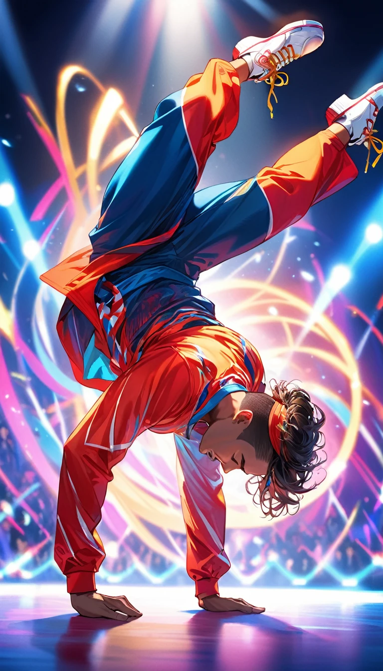 a breakdancer in an elaborate pose performing at the Olympics for the first time as a sport, highly detailed, masterful breakdance movements, He does turns on his head, stands on his hands, award-winning dancer, dynamic, powerful, energetic, vibrant colors, dramatic lighting, photorealistic, 8k, best quality