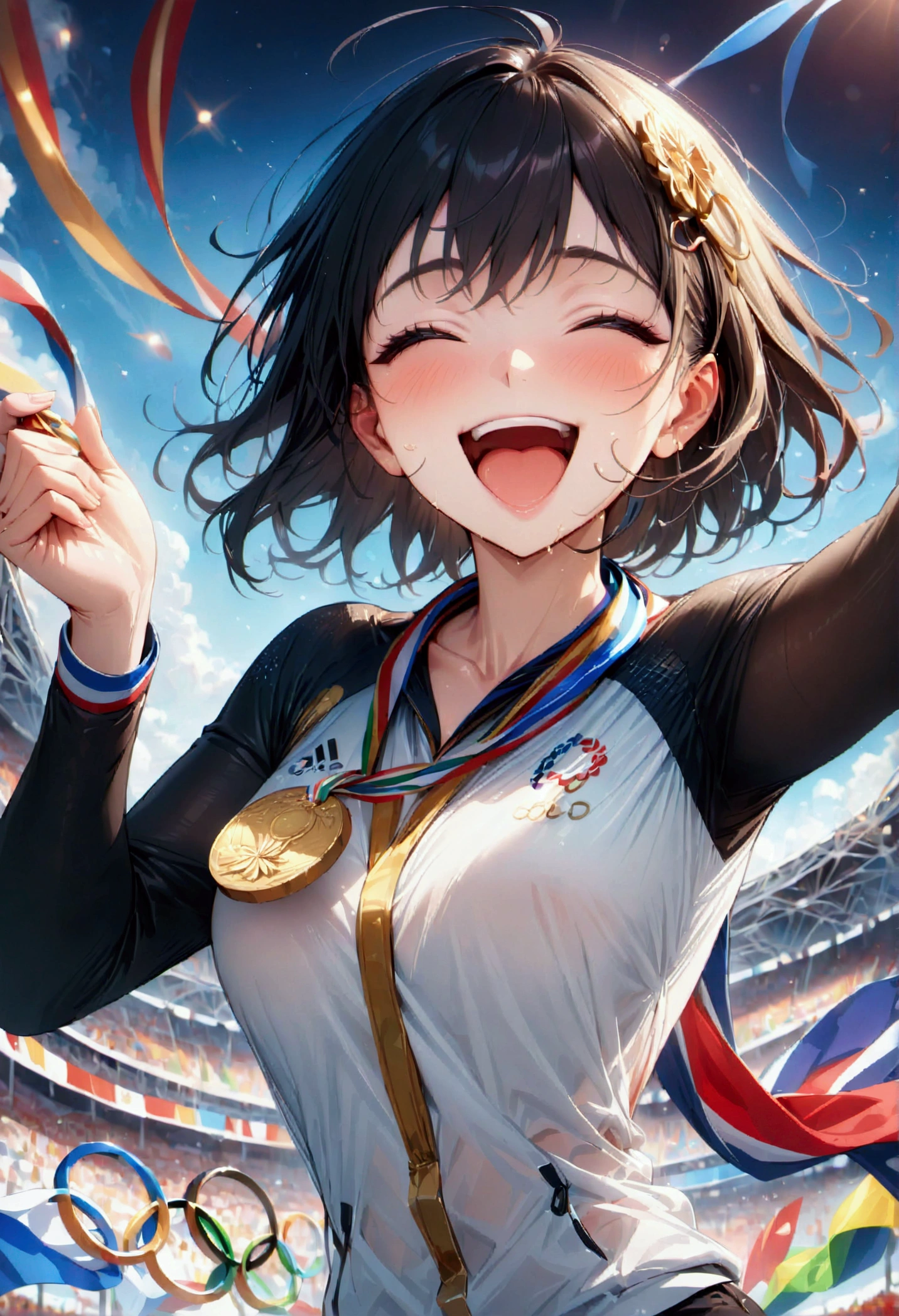 awards ceremony, gold medal worn around the neck, nibble at a gold medal, open mouth, happy, (masterpiece:1.2), best quality, high quality, Highres, (hyper detailed), Olympic,