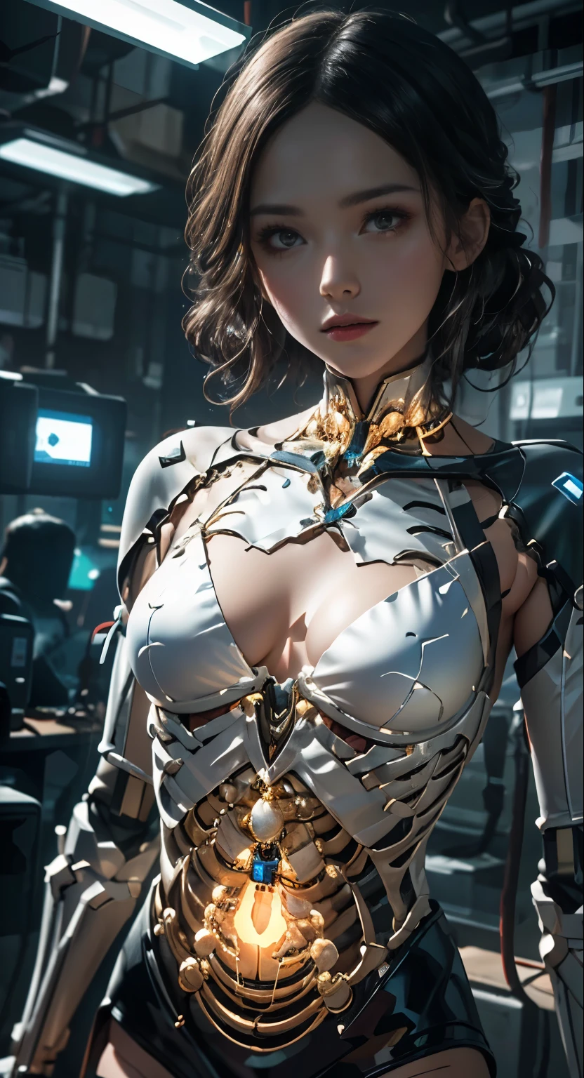 ((best quality)), ((Main Part)), (Very detailed:1.3), ..3d,ringing_Technot, Beautiful cyberpunk woman，Thick hair，Holding the terminal,Computer Servers, LCD screen, optic fibre cable, Corporate Logo,HDR (High Dynamic Range),Ray Tracing,nvidia RTX,Super Resolution,Unreal 5,Subsurface scattering,PBR Textures,Post-Processing,Anisotropic filtering,Depth of Field,Maximum clarity and sharpness,Multi-layered textures,Albedo and Specular Maps,Surface Shading,Accurate simulation of the interaction between light and material,Perfect proportion,Octan Rendering,Two-color lighting,Low ISO,White Balance,Rule of Thirds,Large aperture,8k ,High-efficiency sub-pixel,Sub-pixel convolution,Glowing particles,Light Scattering,Tyndall effect ringing_Technot, leave_, check description, Riel Mech, Mechanical suit, ((Shiny body)), (非常Shiny body), clear parts, jewelry, Decorations, Gorgeous, luxury, Excellent, Small LED lights all over the body, Small LED lights shine