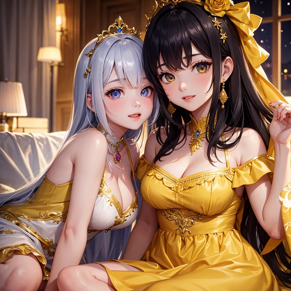 、beautiful girl、Tiara on head、smile、Yellow Hair、Big eyeoonlit Night、Close-up of face、Beautiful collarbone、Yellow Dress、Close-up of face、Cleavage