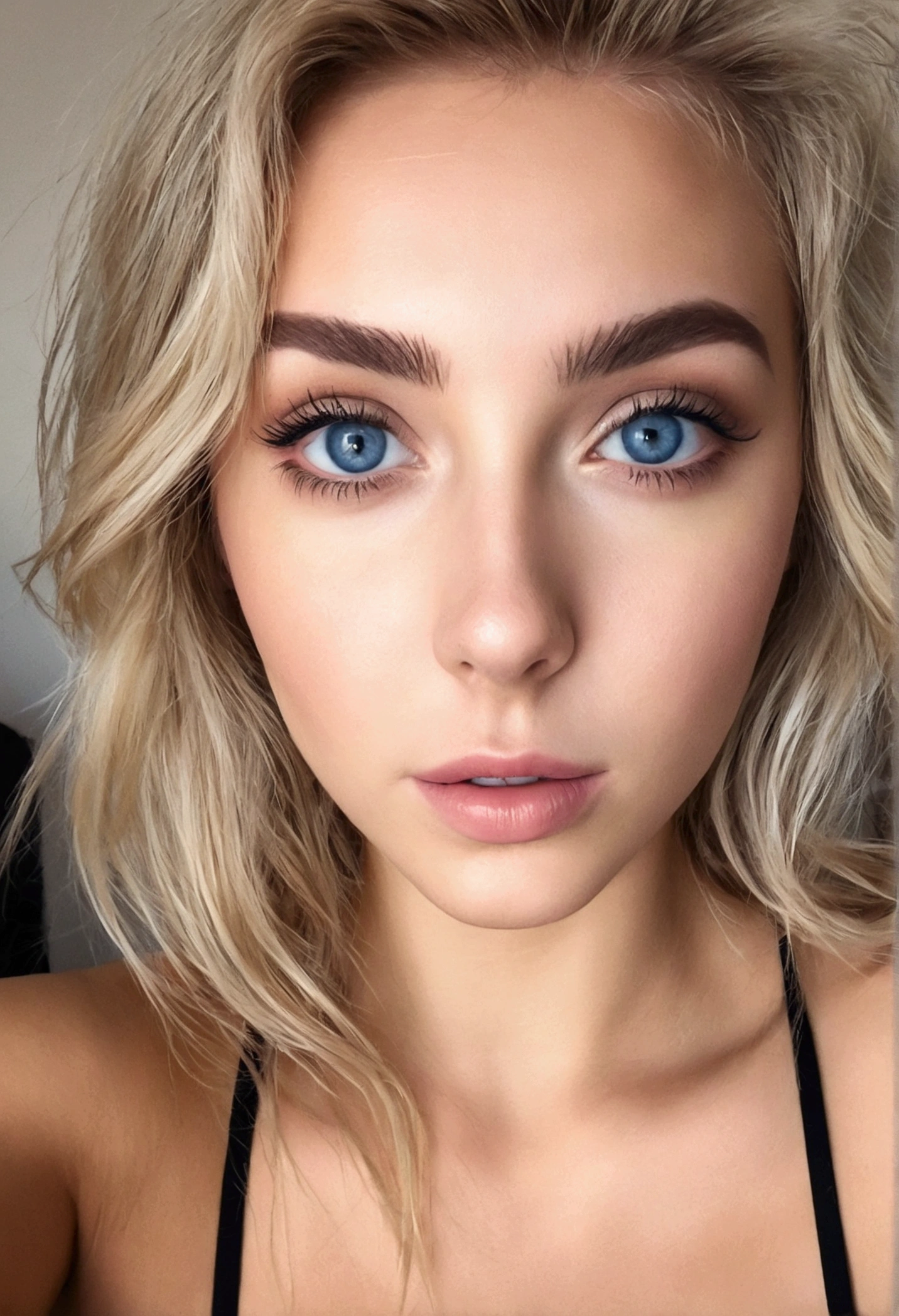 femme pleinement , fille sexy aux yeux bleus, Ultra réaliste, minutieusement détaillé, cheveux blonds et grands yeux, selfie d une jeune femme, yeux de la chambre, sans maquillage, maquillage naturel, regarder directement la caméra, visage avec artgram, maquillage subtil, superbe photo de tout le corps à genoux sur le lit, dans la chambre, buste de taille moyenne à grande