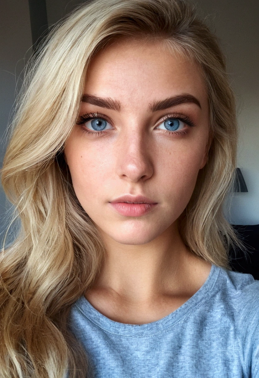 femme pleinement , fille sexy aux yeux bleus, Ultra réaliste, minutieusement détaillé, cheveux blonds et grands yeux, selfie d une jeune femme, yeux de la chambre, sans maquillage, maquillage naturel, regarder directement la caméra, visage avec artgram, maquillage subtil, superbe photo de tout le corps à genoux sur le lit, dans la chambre, buste de taille moyenne à grande