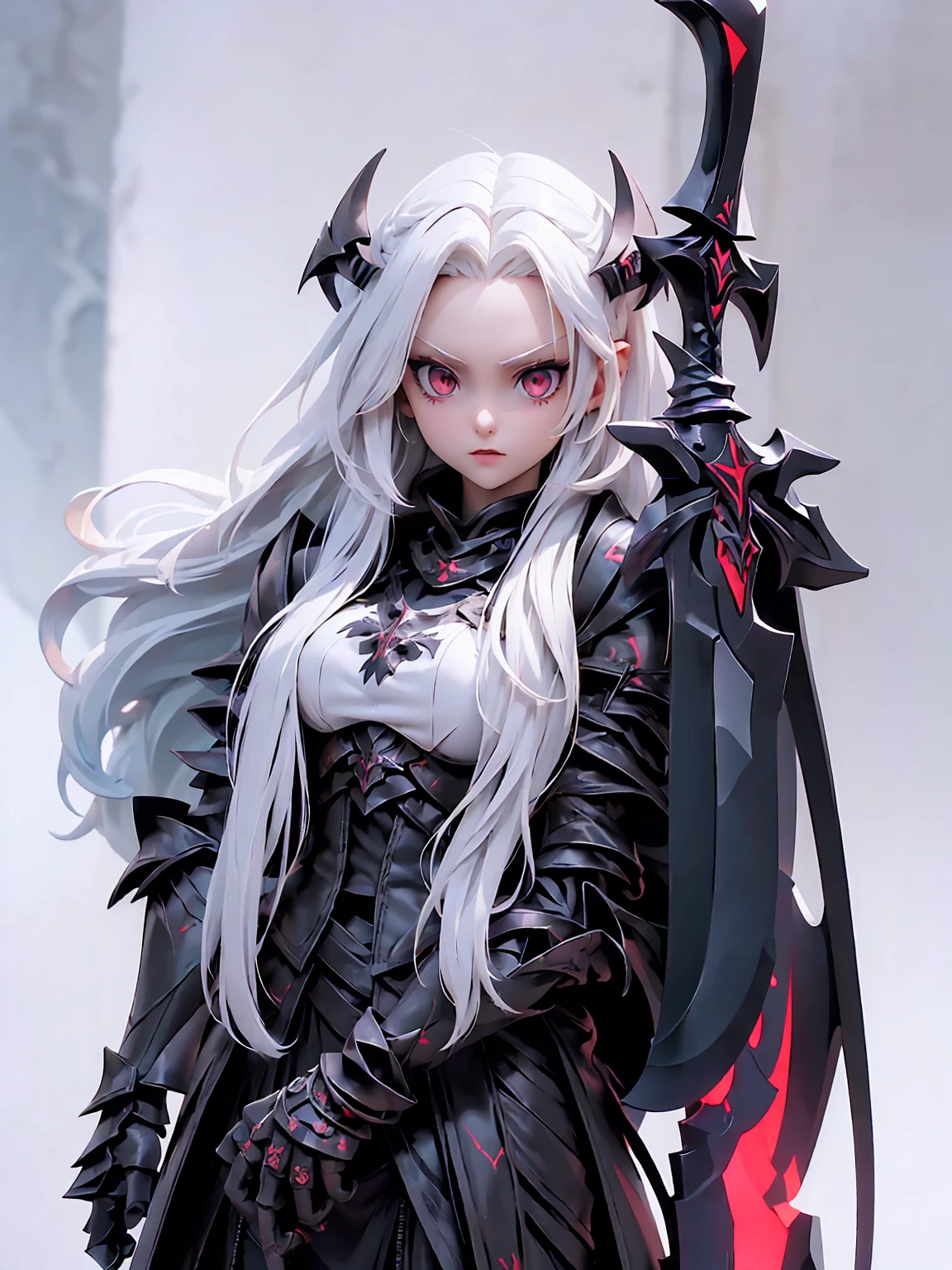 (((Masterpiece, best quality, 16k))) female character with long white hair and piercing red eyes. She wears a demonic armor in purple, black, and white. wields a large, stylized scythe. The character has a menacing expression, with a chaotic environment as the background. ((full body front view)). ((slender)), (extremely detailed:1.5), (long white hair:1.2), (piercing red eyes:1.2), (chaotic environment:1.1), (demonic armor:1.3), (stylized scythe:1.3).