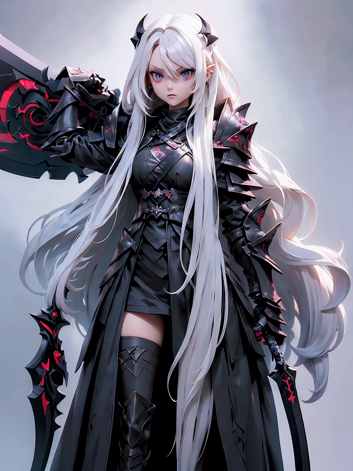 (((Masterpiece, best quality, 16k))) female character with long white hair and piercing red eyes. She wears a demonic armor in purple, black, and white. wields a large, stylized scythe. The character has a menacing expression, with a chaotic environment as the background. ((full body front view)). ((slender)), (extremely detailed:1.5), (long white hair:1.2), (piercing red eyes:1.2), (chaotic environment:1.1), (demonic armor:1.3), (stylized scythe:1.3).