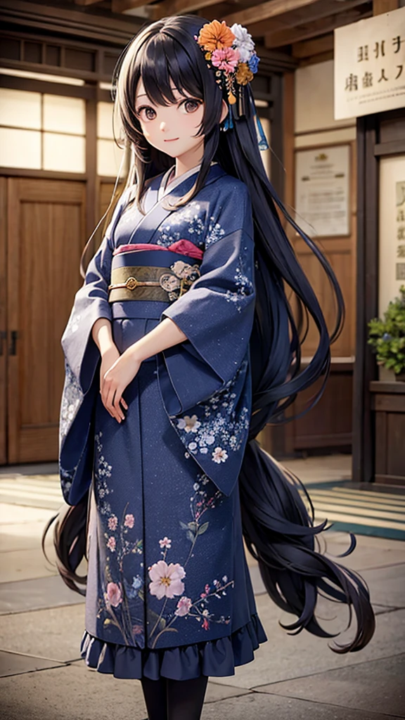 ((top-quality))、 ((masterpiece))、florals、Kimono、Stand in front of the photo 、Flowers in the foreground、Strong bokeh, long hair